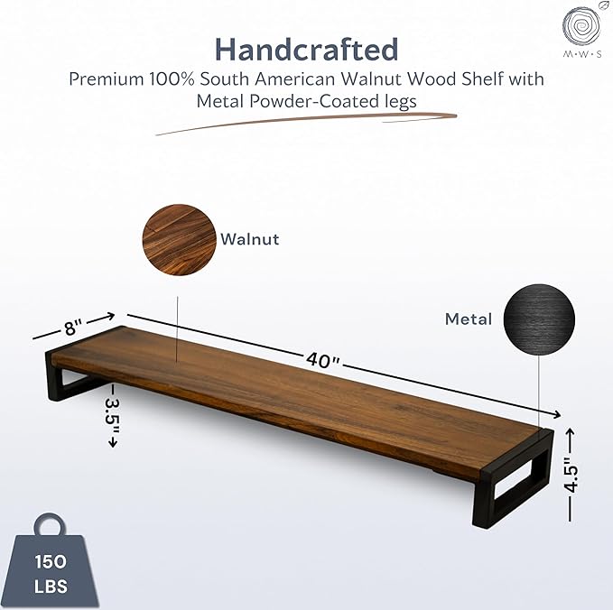 Dual Monitor Stand Riser for Desk ??40??Wide Walnut Solid Wood Desk Riser with Metal U-Legs, Scratch-Resistant, Hassle-Free Assembly