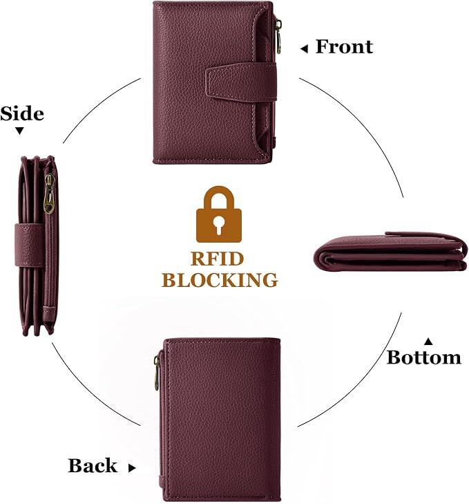 Airkit Small Wallet Women RFID Blocking Soft Leather Bifold Compact Card Holder Wallet for Women with Zipper Coin Pocket 4 ID Window