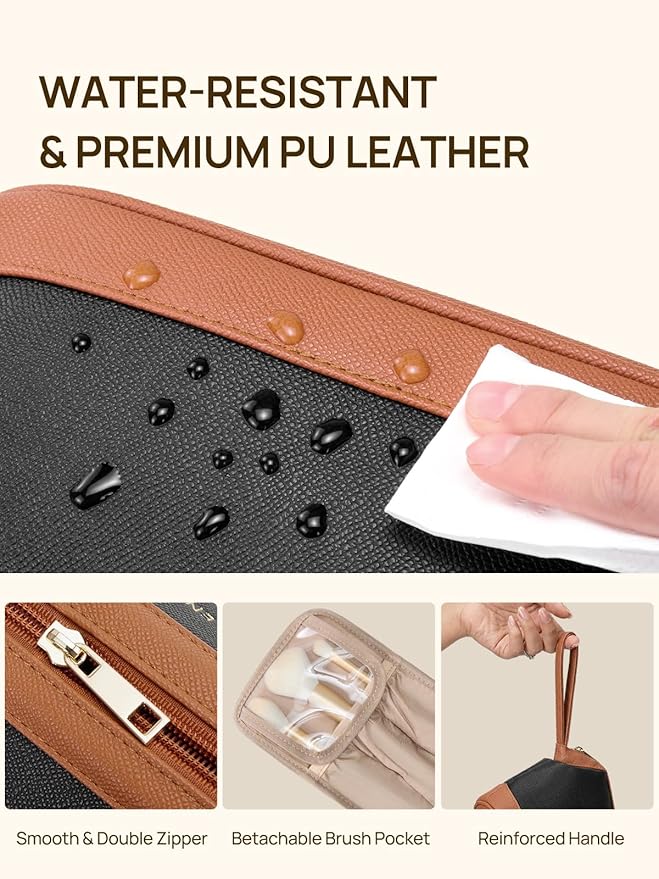 Telena Makeup Bag Large Capacity Travel Cosmetic Bag Portable PU Leather Water Resistant Makeup Organizer Bags for Women with Handle and Divider Open Flat (3-Black with Brown)