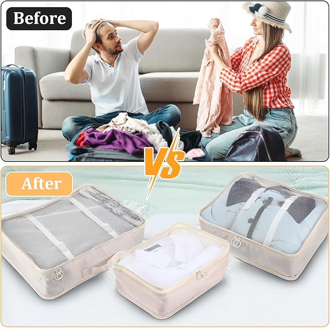 12 Pcs Packing Cubes for Suitcase Travel Luggage Bags Bulk Mesh Organizer Set for Hiking Camping Backpacking Clothes Accessories(Light Khaki, S, M, L Size)