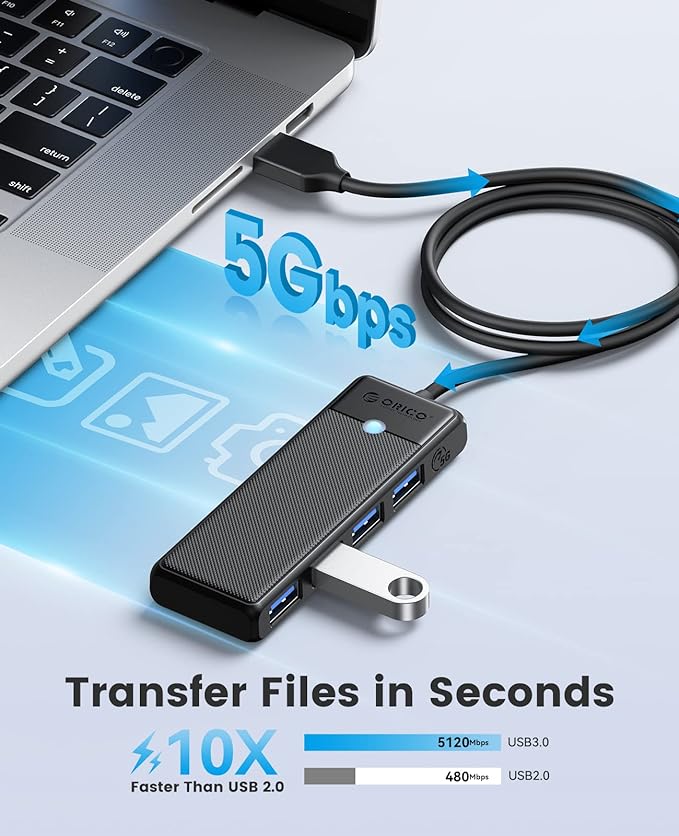 ORICO USB 3.0 Hub, 4-Port USB Hub with 3.3Ft Cable, Ultra Slim USB-Splitter for Laptop MacBook Pro, iMac, Surface Pro, XPS, PS5，PC, Flash Drive, Mobile HDD