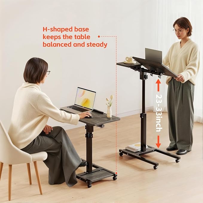 Laptop Desk Stand for Bed Portable Desk Overbed Bedside Mobile Laptop Table Rolling Foldable Table Adjustable Height with Locked Wheels & Mouse Pad for Office Sofa (Dekuwood Black)