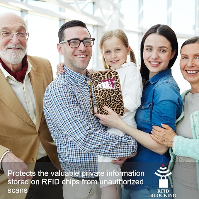Family Passport Holder Wallet RFID Blocking Document Organizer PU Leather Mulit-purpose Travel Wallets Credit Cards Holder for Women Men, Light Leopard