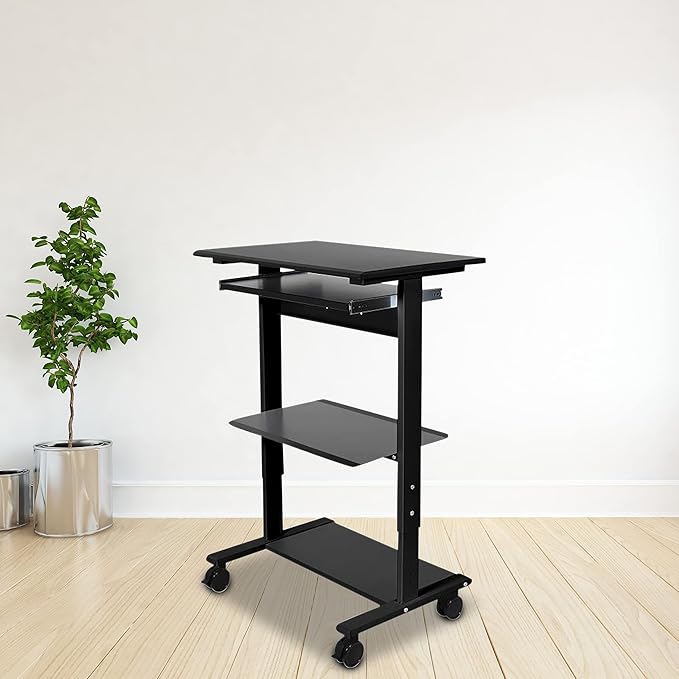 Stand Up Desk Store Mobile Rolling Adjustable Height Standing Workstation with Printer Shelf and Slideout Keyboard Tray (Black Frame/Black Top, 30" Wide)
