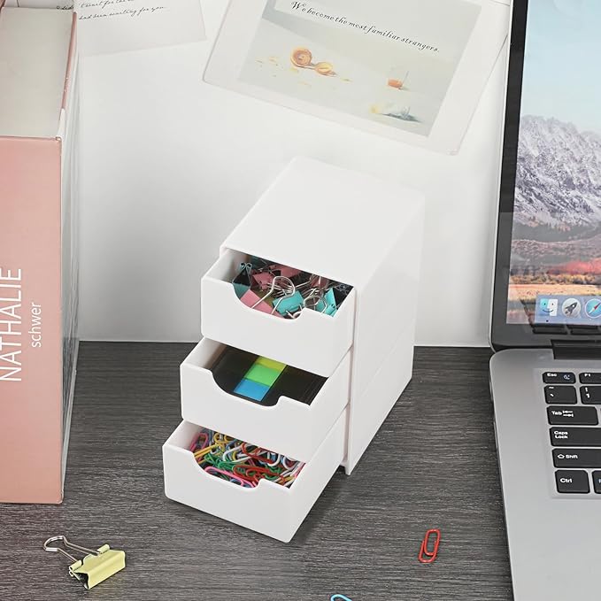 BTSKY 1 Pack Small Acrylic Storage Organizer with Drawers, 3-Layer White Desktop Organizer for Office Supplies Mini Storage Box with Drawers for Desk, Desktop Makeup Drawer Jewelry Storage Box