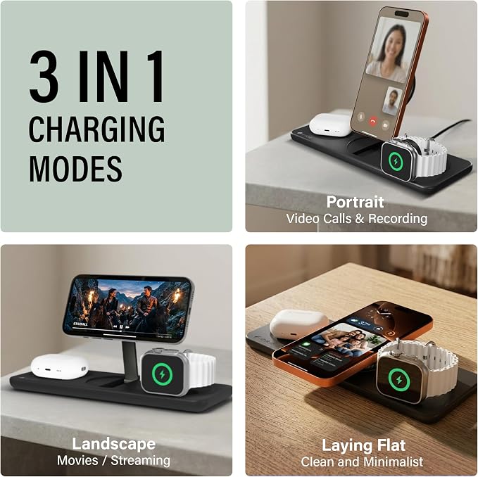 Nimble Podium 3-in-1 Wireless Charging Station for Apple, Qi2-Certified 15W Magsafe Charger Stand, Wireless Charger for iPhone 17 16 15 14 13 - Apple Watch - Airpods Series (Charger & USB-C Included)