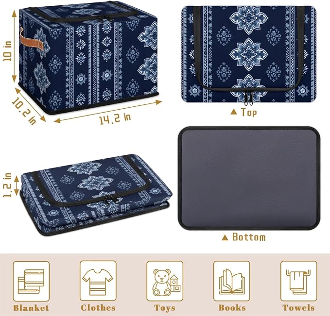 Storage Bins With Zipper Lid, Collapsible Trunk Organizer, Car Organizers and Storage Bins with Lids, Decorative Storage Boxes with Handle, Home Storage Baskets (Tribal-floral Vintage Blue)