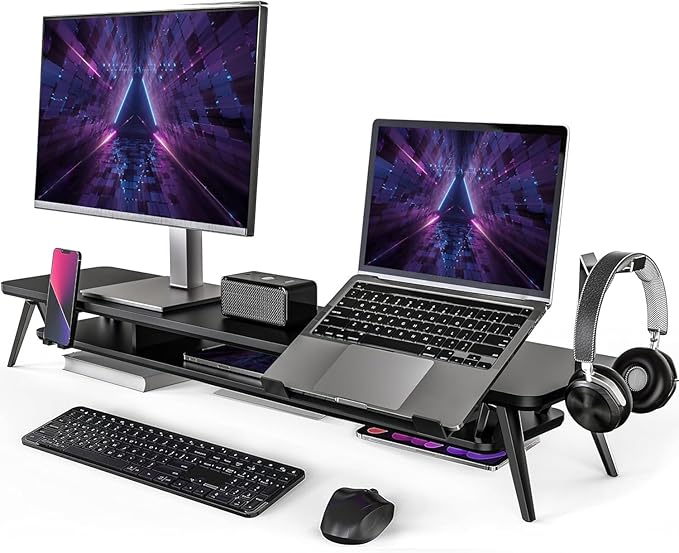 Fenge Dual Monitor Stand, Monitor Riser for 2 Monitors with Adjustable Laptop Riser , 42.5 Inch Desk Shelf for Top of Desk with Phone Holder& Headphone Stand