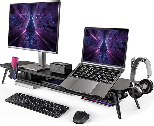 Fenge Dual Monitor Stand, Monitor Riser for 2 Monitors with Adjustable Laptop Riser , 42.5 Inch Desk Shelf for Top of Desk with Phone Holder& Headphone Stand