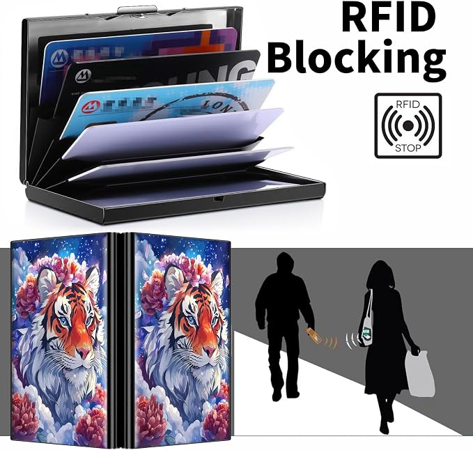 Metal Wallet, Credit Card Holder for Women Men Girls, RFID Blocking Aluminum Wallet Slim Hard Case, Mini Travel Wallet, ID Card Holder Business Card Case,Tiger Flower