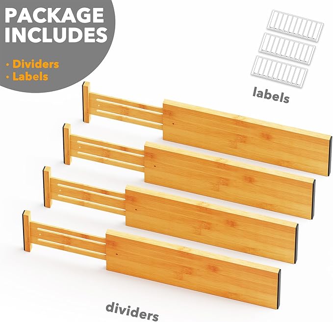 SpaceAid Bamboo 4 Pack Dresser Drawer Dividers, 4.65??High Adjustable 17??22??Drawer Organizers, Expandable Organization for Clothing, Clothes, Dressers, Natural