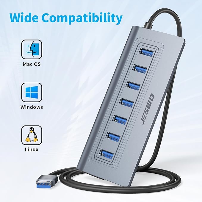 USB Hub 3.0, JESWO Aluminum 7 Port USB 3.0 Hub with 3.3Ft Cable, USB Splitter with 7-USB3.0 Data Ports Compatible with MacBook, Laptop,Surface Pro, PS5, PC and More (No Power Adapter Included)