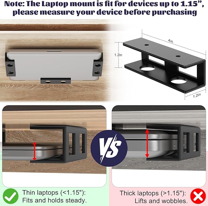 3 PCS Under Desk Laptop Mount with Anti-Scratch Felt Board Under Desk Laptop Holder Tray Durable Under Desk Shelf for Laptop Thick up to 1.15”