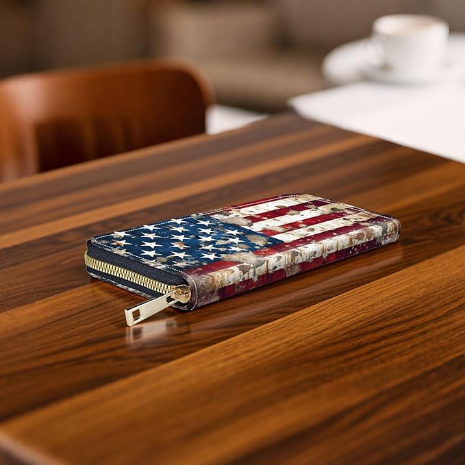 RFID-Blocking Zip Around Wallets for Women with Detachable Wrist Strap,Large Capacity Phone Holder with Card Organizer & Coin Pocket,Rustic American Flag