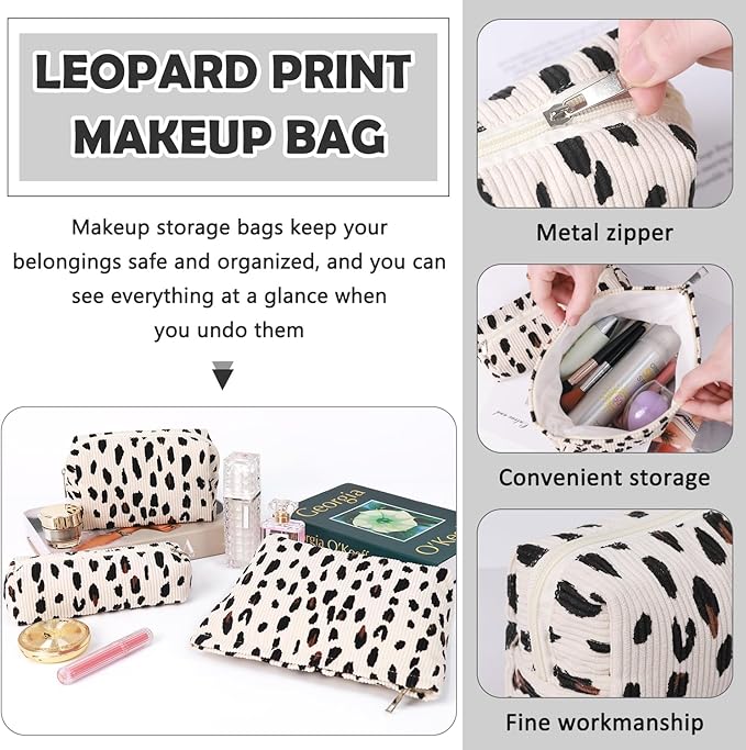 3 Pcs Makeup Bag Cosmetic Bag Set for Girls Women Travel Organizer Bathroom Toiletry Pouch Large Capacity Storage Bag (Leopard Beige)