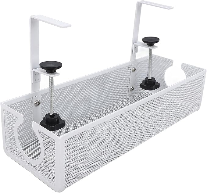Under Desk Cable Management Tray, Carbon Steel Cord Organizer with Side Round Hole and Trapezoidal Design, Metal Desk Cable Management System for Office Study Workstation (White)