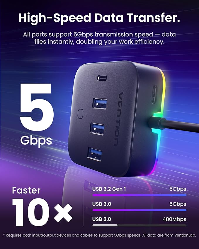 VENTION 5 Port USB Hub with RGB Light,5Gbps USB A Splitter with USB 3.2 Gen 1×Type-C,USB A 3.0×3 Data Ports and 1×5V/2A Power Port for Laptop/MacBook/Keyboard,0.5M