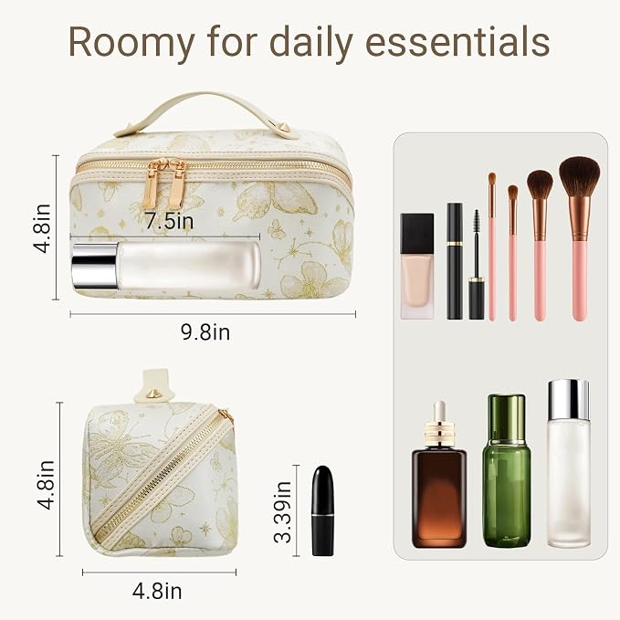 Travel Makeup Bag with Compartments & Organizers – Flat Open Cosmetic Pouch for Women, Purse-Style Design for Traveling, Perfect for Toiletries & Cosmetics for Women(Beige)