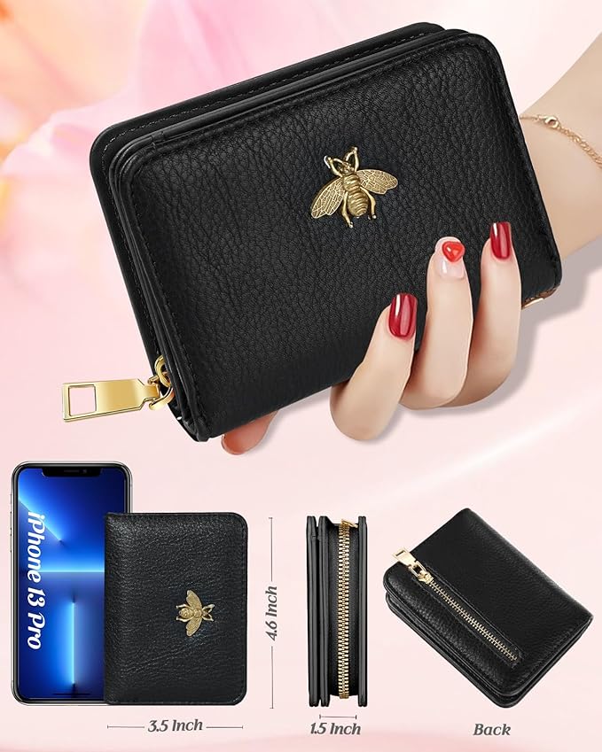 Bistup Credit Card Holder Wallet for Women Cute Leather Ladies Teen Girls Female Cardholder Wallets Accordion Purse Small Medium Aesthetic Print Bee Unique Modern Luxury Rfid Zipper Around