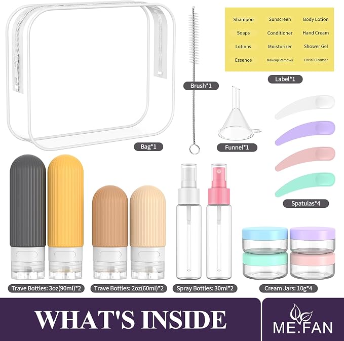 ME.FAN Travel Bottles for Toiletries,18 Pack Silicone Portable Size Bottle, TSA Approved Refillable Cosmetic Container Kits for Conditioner, Shampoo, Lotion,Face Cream - Yellow