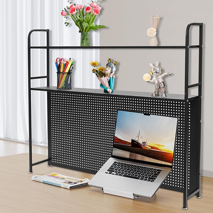 Desk Hutch Shelf 2 Tier Countertop Desktop Bookshelf with Pegboard, Metal Desk Top Bookcase for Computer Desk, Desk Storage Organizer Rack for Dorm Office Home Bedroom(Black, 115cm/45.3in)