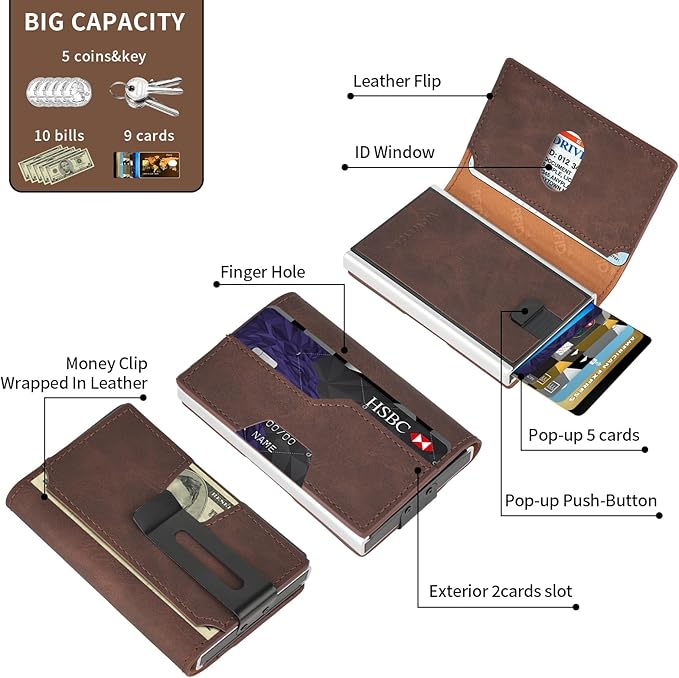 Mens slim Wallet，with RFID Shielding, Holds 9 Cards Easily, card wallet for Men, Minimalist Wallet For Men, Made of aluminum and Pu Synthetic Leather, Includes Cash clip (Coffee Color)