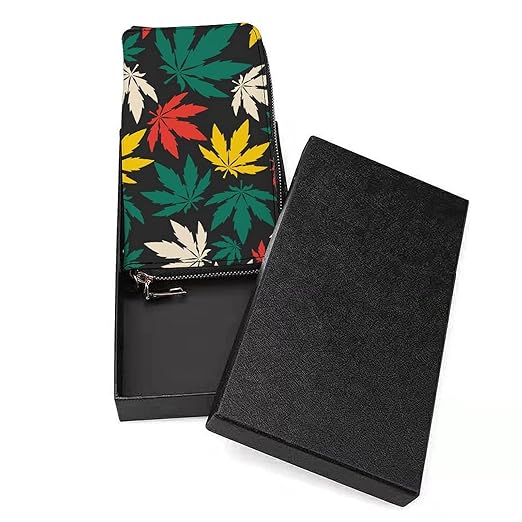 Unisex Zip Around Wallet for Adults Teens Colorful Cannabis Leafs Black Coin Pouch Cash Pocket PU Leather Wallets Card Holder Organizer Designer Purse with Wristlet Strap