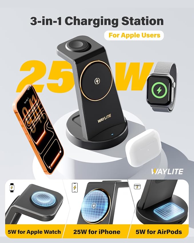 3 in 1 Fast Charging Station for iPhone, 25W Wireless Magnetic Phone Charger for iPhone 17 16e 16 15 14 13 12 Serise, Watch Charger Stand, Wireless Charging Station for AirPods 4 3 Pro, Black