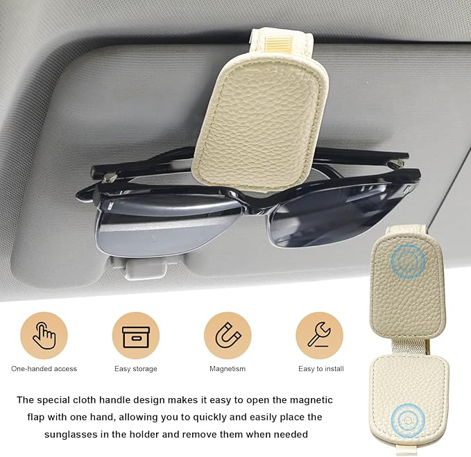 2 PCS Sunglasses Holders for Car Visor, Magnetic Leather Eyeglasses Hanger Mounter Ticket Card Clip, Auto Sun Visor Glasses Holder Business Card Organizer for Men Women (Beige)