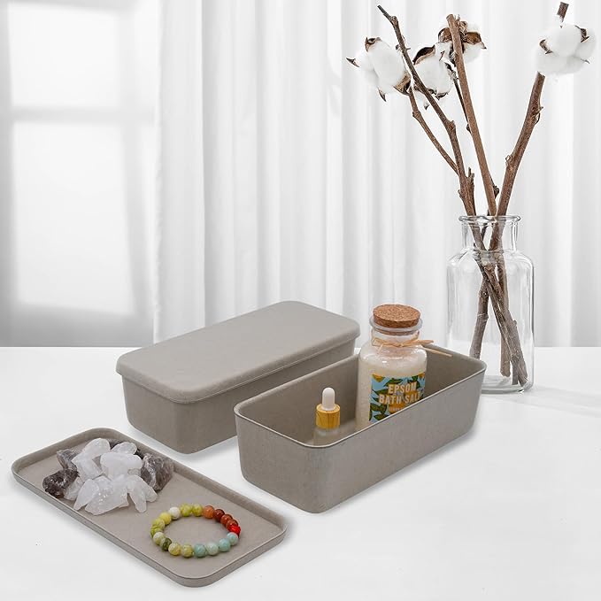 Welaxy stackable Lidded drawer organizer bins long shape storage box with lid for junk makeup stationery pens 2-piece pack (Stone)