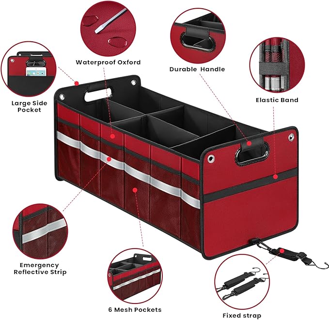winhunt Car Trunk Organizer, Car Storage Organizer, Collapsible Multi Compartment for Car, Suv, Sedan, Truck, 100L, Extra Larger (Red, 100L)