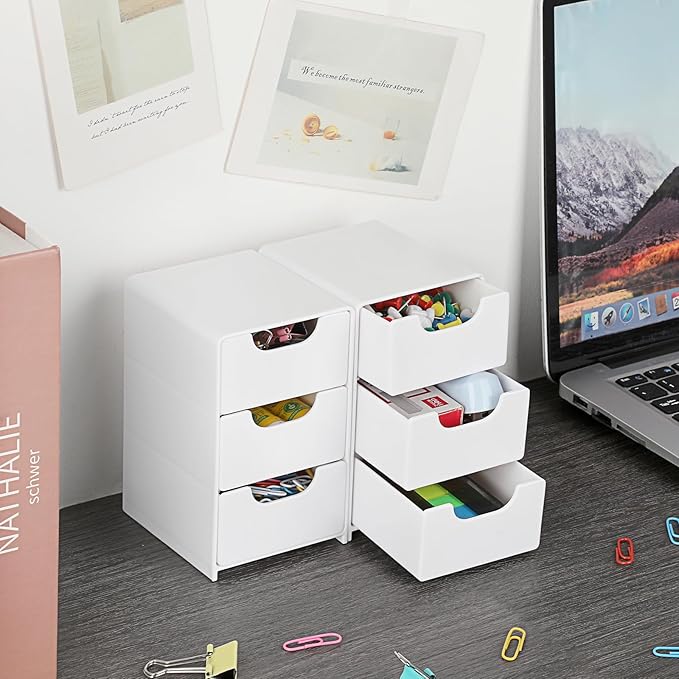 BTSKY 2 Pack Small Acrylic Storage Organizer with Drawers, 3-Layer White Desktop Organizer for Office Supplies Mini Storage Box with Drawers for Desk, Desktop Makeup Drawer Jewelry Storage Box