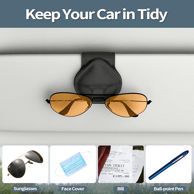 MoKo Sunglass Holder for Car, Leather Magnetic Sunglasses Holder for Car Sun Visor,Ticket Card Clip Sunglasses Mount Accessories for All Car Models, 2 Pack Black