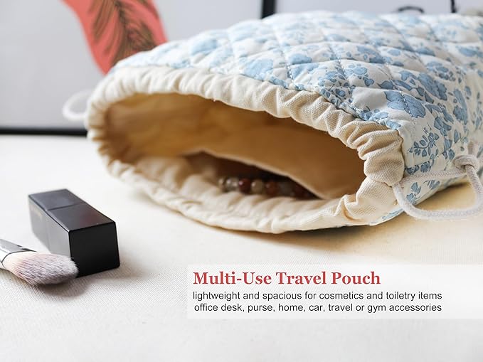 HAPPYHEIDI Floral Quilted Cotton Drawstring Makeup Bag Set 2 Compartment Cosmetic Toiletry Travel Pouch Accessory purse Organizer, Blue Orchids