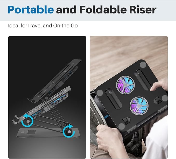 Adjustable Laptop Cooling Stand with 2 Quiet Fans & RGB Lighting, Aluminum Alloy & Foldable Ergonomic Design for MacBook, Lenovo, ASUS, Dell 10-16 Inch, Perfect for Gaming, DJ, Office - Black