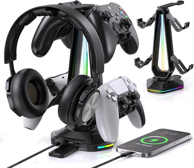 Gaming Headphones Stand with 12 Light Modes - Controller Holder for Desk, RGB Gaming Headset Stand with 2 USB Charging Ports - Supports Data Transfer, Earphone Hanger Accessories for Desktop Gamer