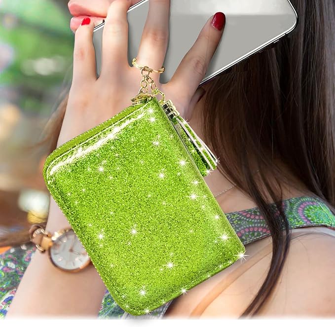Coco Rossi Women's Small Credit Card Wallet RFID Cute Glitter Card Holder for Women, Chartreuse