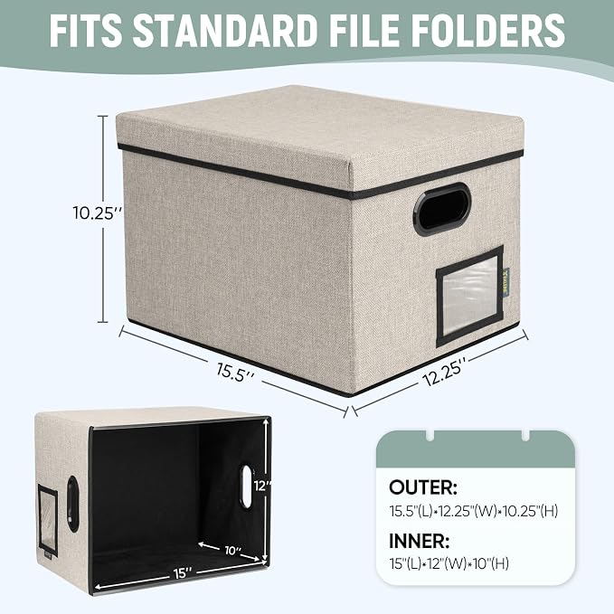 BALEINE File Organizer Box with Lid, Collapsible File Folder Organizer with Plastic Slide, Filing Box for Office Home Document Organizer Storage (Beige, 2PK)