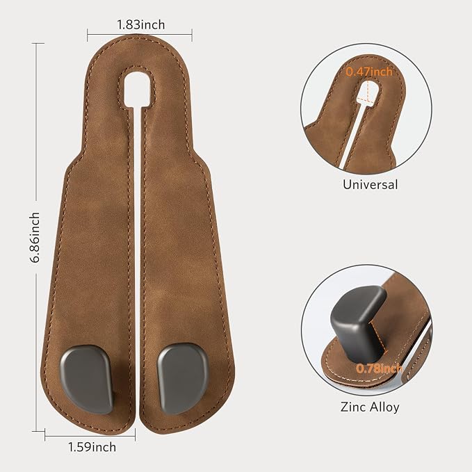 CoBak Purse Hook for Car - Universal Premium Stitched Leather and Aluminum-Magnesium Alloy Double Car Seat Back Storage Hook for Purses, Handbags, Bags (2 Pack),Brown