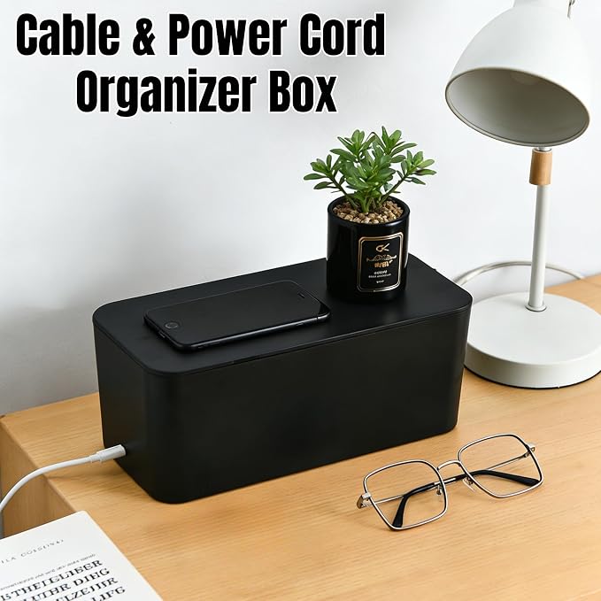 1 Large + 1 Small Cable Management Box Set – 2-Piece Cord Organizer Box, Home Office Desk Wire Storage & Cable Management Solution (Acryliclid lid/Black)