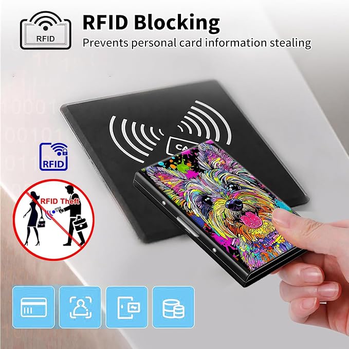 Metal Wallet,Credit Card Holder for Women Men,RFID Blocking Card Holder Wallet Mini Slim Aluminum Wallet ID Case Hard Card Case Business Card Holder Case,Cute Colorful Dog