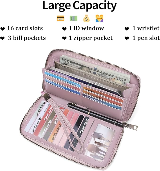 SENDEFN Women's Wallet RFID Blocking Leather Zip Around Wallet Large Capacity Long Purse Credit Card Holder with Wristlet