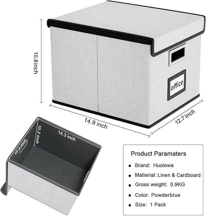 File Organizer Box with Lid, Collapsible File Folder Organizer for Office Document Storage, Filing Box with Plastic Slide for Letter Size Hanging File Folders(1 Pack, Light Grey)