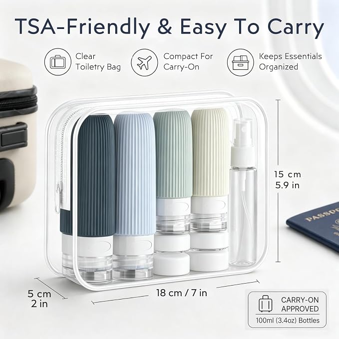 16 Pack Travel Bottles Set - TSA Approved Toiletry Bottles, Leak Proof Refillable Silicone Travel Size Containers with Jars, Spray Bottles, Funnel, Brush & Clear Bag for Carry-On, Camping & Vacation