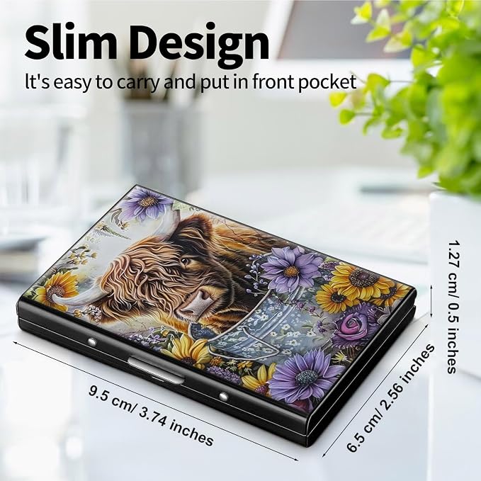Metal Wallet, Credit Card Holder for Women Men Girls, RFID Blocking Aluminum Wallet Slim Hard Case, Mini Travel Wallet, ID Card Holder Business Card Case,Cow Art