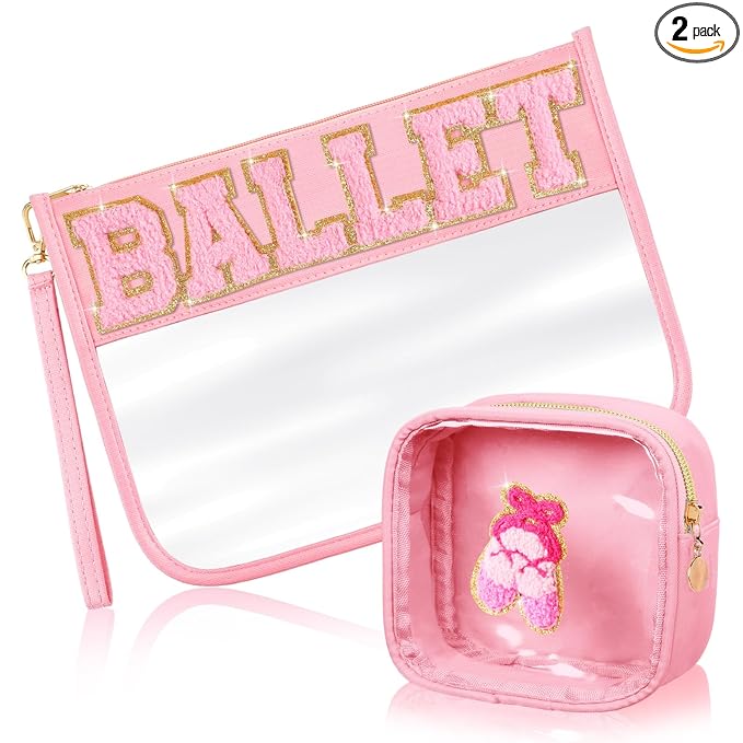 Hillban 2 Pcs Ballet Gifts Chenille Letter Bags Makeup Cosmetic Bags Toiletry Travel Flat Pouch Preppy Patch Clear Purse PVC Waterproof Organizer Storage Case Gifts for Team Girls Women