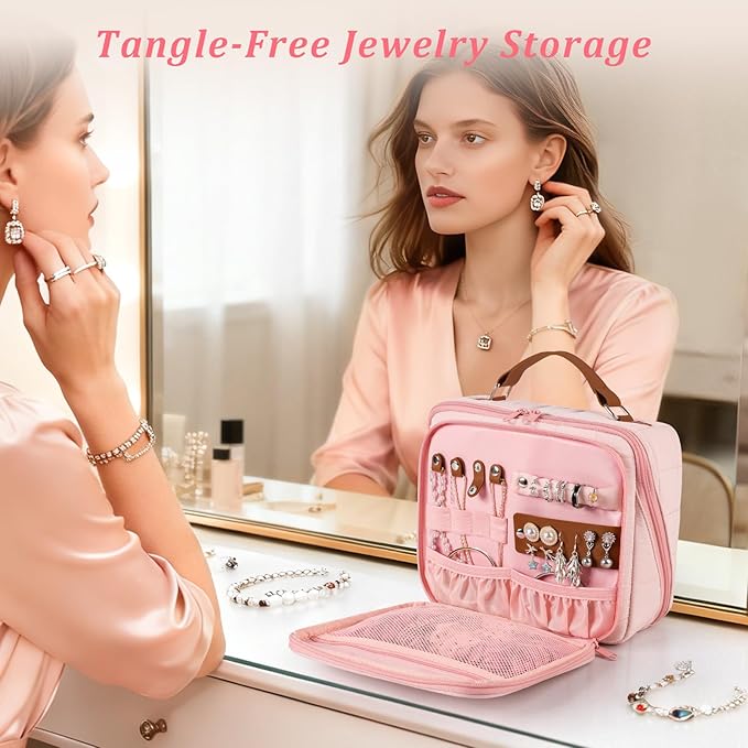 MOKURA Travel Makeup Bag for Women, Large Capacity Standing Make up Pouch, Quilted Waterproof Cosmetic Organizer with Jewelry Compartments, Portable Toiletry Case, Gifts for Women, Pink