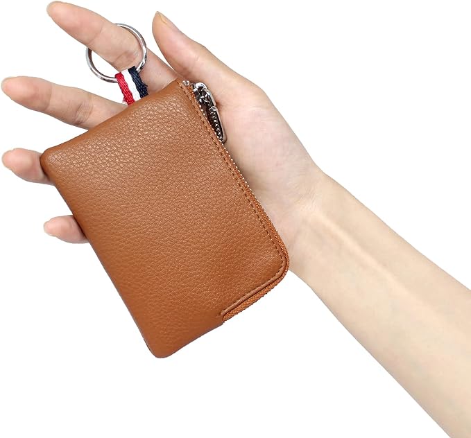 Leather Coin Purse, Change Purse for Men Women (Brown, standard) | Mini Coin Pouch with Zipper & 2 Keyrings, Water-resistant Genuine Leather Wallet for Pocket, Daily,Gifts