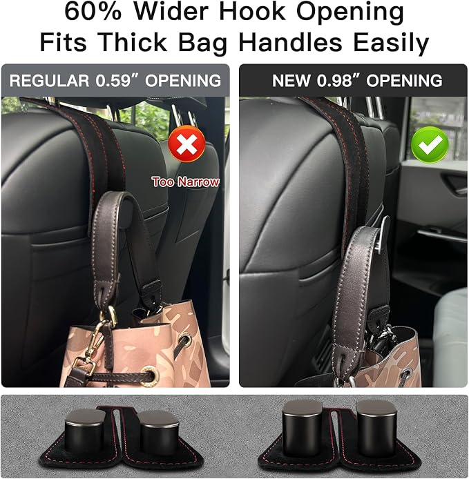 2Pcs Wide Car Headrest Hooks for Purses and Bags, 2026 Upgraded 0.98” Wide Opening for Thick Bag Handles, Premium Leather Car Seat Hanger with Dual Metal Hooks, WideFit Brown