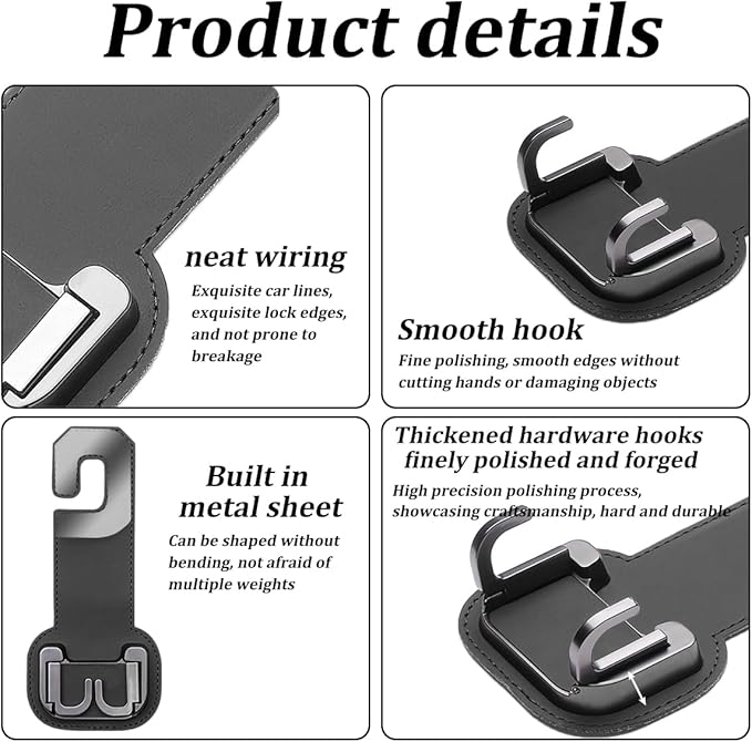 2PCS Car Seat Back Storage Hook, Foldable Metal Vehicle Headrest Dual Hook for Purses Handbags Groceries, Multifunctional Auto Interior Hanger Accessories, Universal Fit (Black)